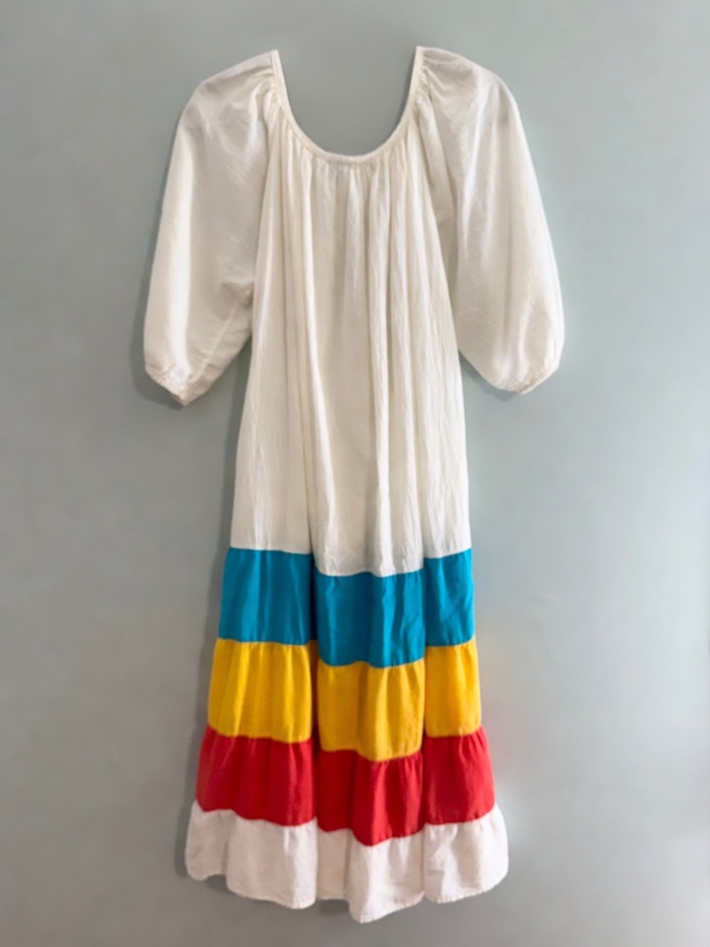 Vintage 70s Appel White Colorblock Tiered Peasant Maxi Dress Boho Cottagecore M